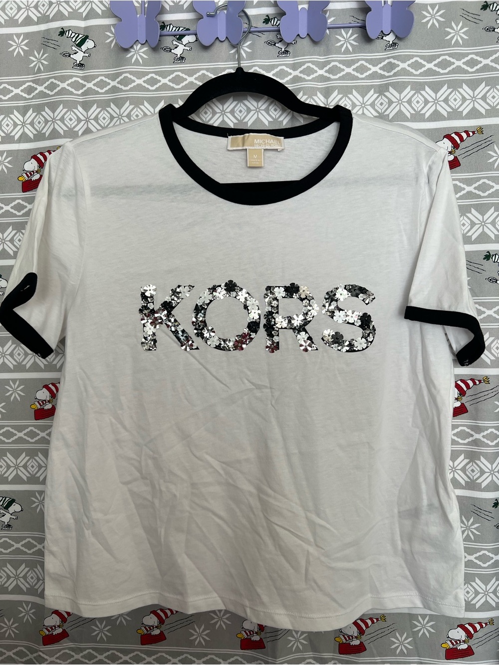MICHAEL Michael Kors White Ringer Tee with Black Trim and Sequin KORS